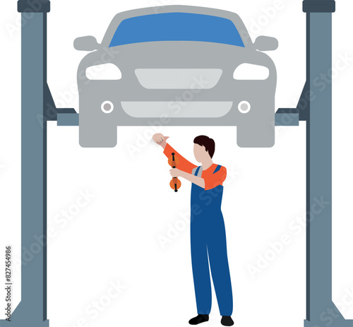 The worker is servicing the vehicle.