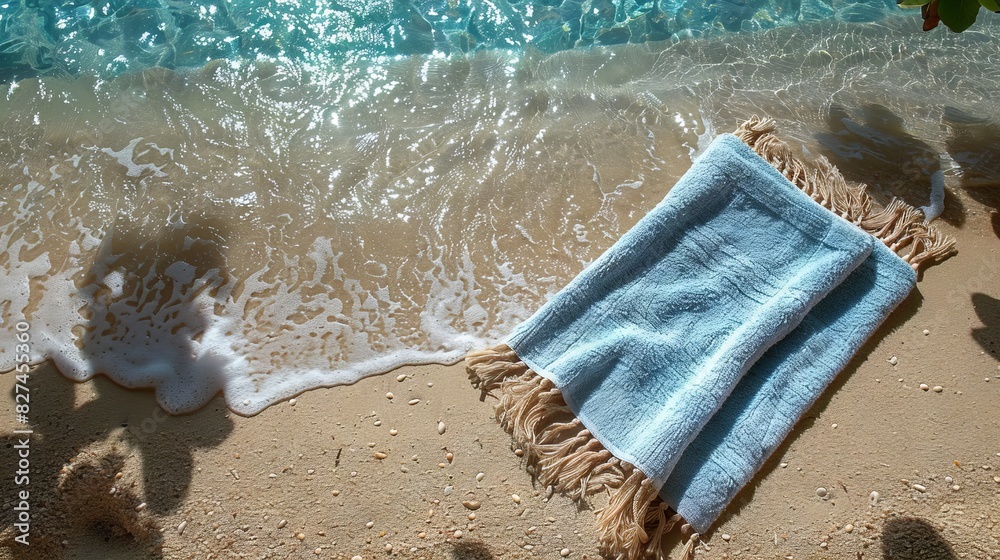 A beach towel is laid out on the sand. A beach towel is laid out on the sand.