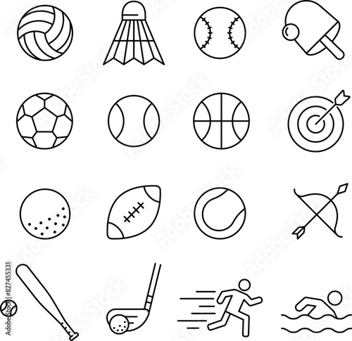 モノクロの球技などのスポーツに関する線画アイコンセット