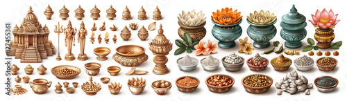 Indian pooja, worship, rituals, and wedding objects of metal, clay and wood on a white background. photo