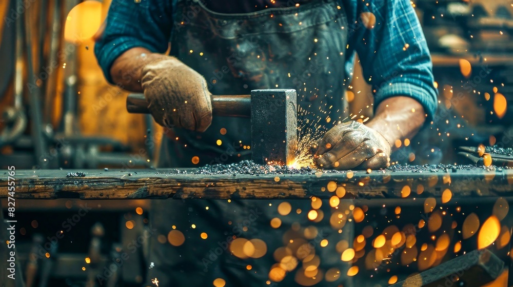 A close-up of a blacksmith working on metal with a hammer, sparks flying around, showcasing craftsmanship and industrial work. A close-up of a blacksmith working on metal with a hammer, sparks flying around, showcasing craftsmanship and industrial work.
