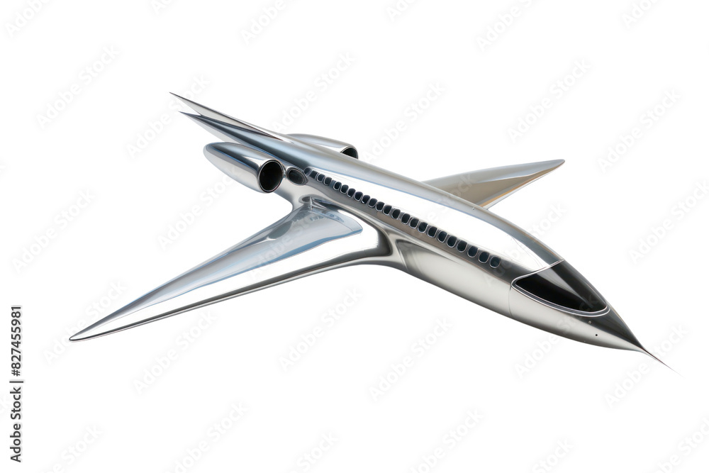 A sleek, futuristic airplane with a streamlined design and gleaming metallic body, isolated on a white background. A sleek, futuristic airplane with a streamlined design and gleaming metallic body, isolated on a white background.