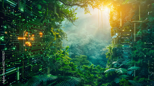 Fototapeta Naklejka Na Ścianę i Meble -  A futuristic concept of digital technology merging with lush green jungle environment in the sunlight, illustrating nature and innovation.