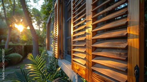 Wooden blinds on the window. Sunlight