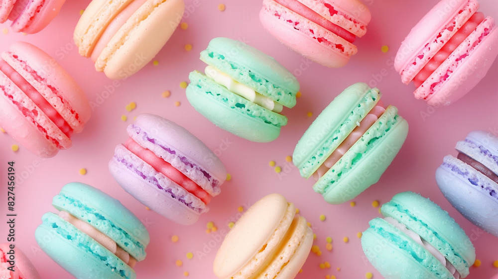 Obraz premium たくさんのカラフルなマカロン ピンク背景