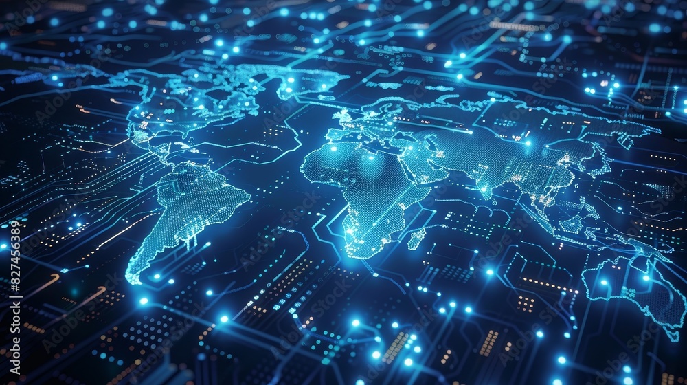 World Map Made of Glowing Circuits, Global Connections and Technology World Map Made of Glowing Circuits, Global Connections and Technology