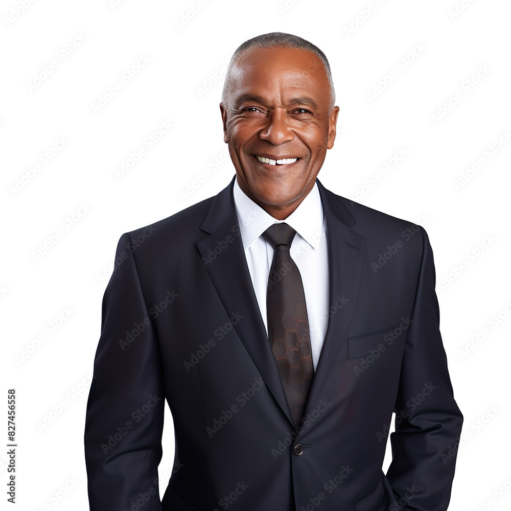 Front view mid shot of a 60-year-old handsome Black man dressed in a classic black suit with a white dress shirt and a deep navy tie, smiling on a white transparent background Front view mid shot of a 60-year-old handsome Black man dressed in a classic black suit with a white dress shirt and a deep navy tie, smiling on a white transparent background