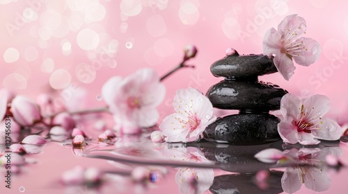 Zen Stones and Japanese Cherry Blossoms on Pink Background