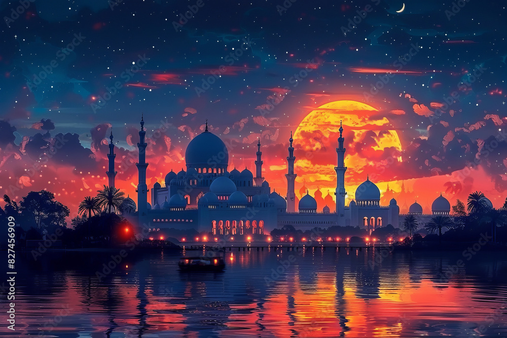 Fototapeta premium Scenic Islamic city skyline with mosque and minarets against a night sky.