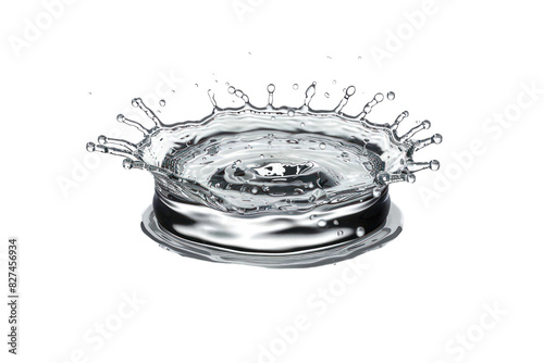 A single drop of water splashing into a still pool, creating a perfect crown and ripples that radiate outwards. Isolated on white background