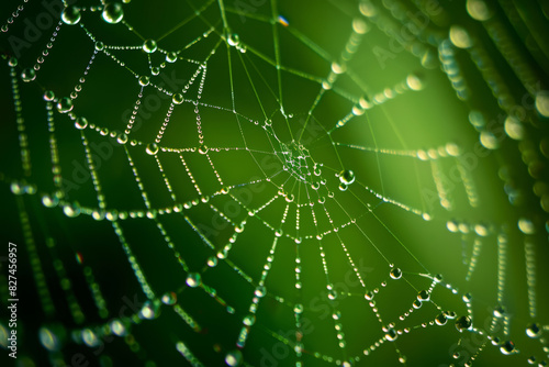 Morning spider web with water drops or grow on it against green grass background, selective focus close up  © Ivan