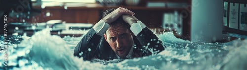 Stressed Businessman Submerged by Water in Workplace due to Burnout photo
