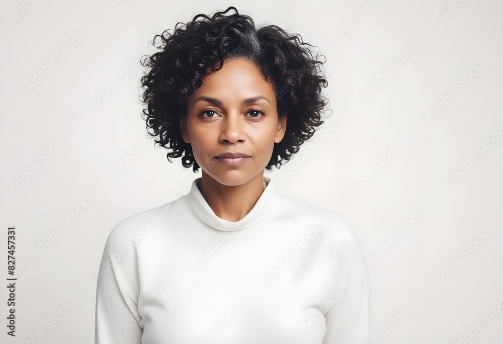 Elegant Portrait of a Beautiful Middle-Aged Model with Curly Hair and Olive Skin Elegant Portrait of a Beautiful Middle-Aged Model with Curly Hair and Olive Skin