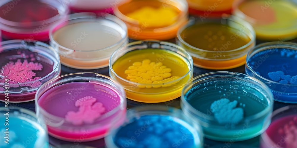 Thriving Diverse Microbial Cultures in Petri Dishes: A Colorful Scientific Display. Concept Microbial Cultures, Petri Dishes, Scientific Display, Diversity, Colorful Thriving Diverse Microbial Cultures in Petri Dishes: A Colorful Scientific Display. Concept Microbial Cultures, Petri Dishes, Scientific Display, Diversity, Colorful