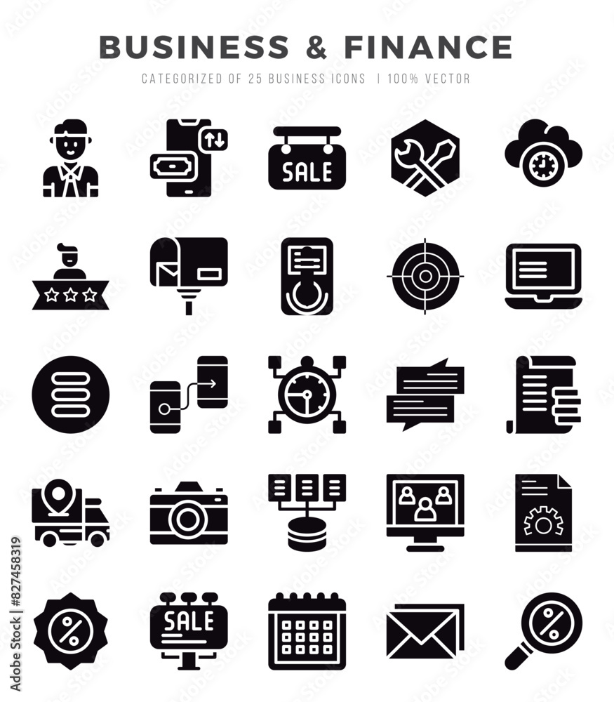 Set of Business & Finance icons in Glyph style. Glyph Icons symbol collection. Set of Business & Finance icons in Glyph style. Glyph Icons symbol collection.