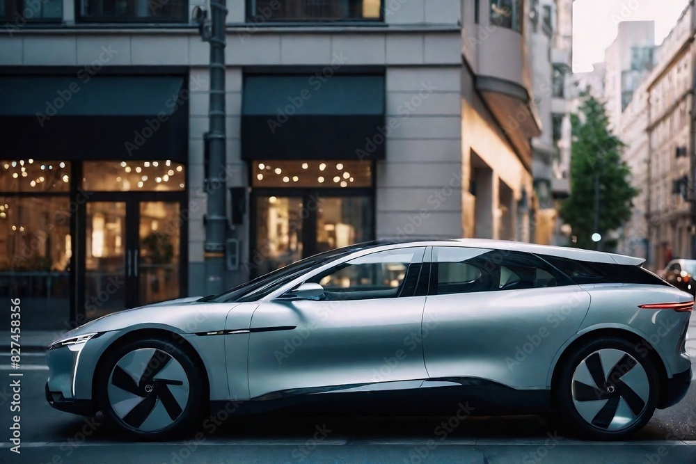 A futuristic EV car parked on the street with copy space, side view A futuristic EV car parked on the street with copy space, side view