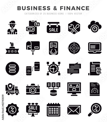 Set of Business & Finance icons in Glyph style. Glyph Icons symbol collection.
