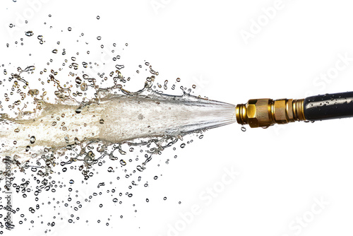 A refreshing splash of water from a garden hose, capturing the droplets as they dance and sparkle in the air, isolated on white background