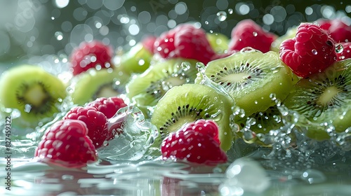 a dynamic splash of fresh kiwi and raspberry juices on white