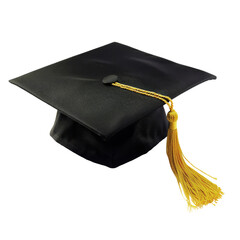 Black graduation cap with a gold tassel, symbolizing academic achievement and success on white background.