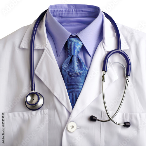 Close-up of a doctor in a white coat with a blue tie and a stethoscope draped over the shoulders. Professional medical attire.