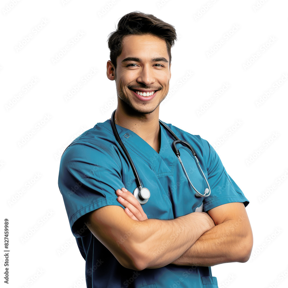 Confident male nurse wearing scrubs with a stethoscope, smiling and standing with arms crossed. Ideal for healthcare, medical, and professional themes. Confident male nurse wearing scrubs with a stethoscope, smiling and standing with arms crossed. Ideal for healthcare, medical, and professional themes.