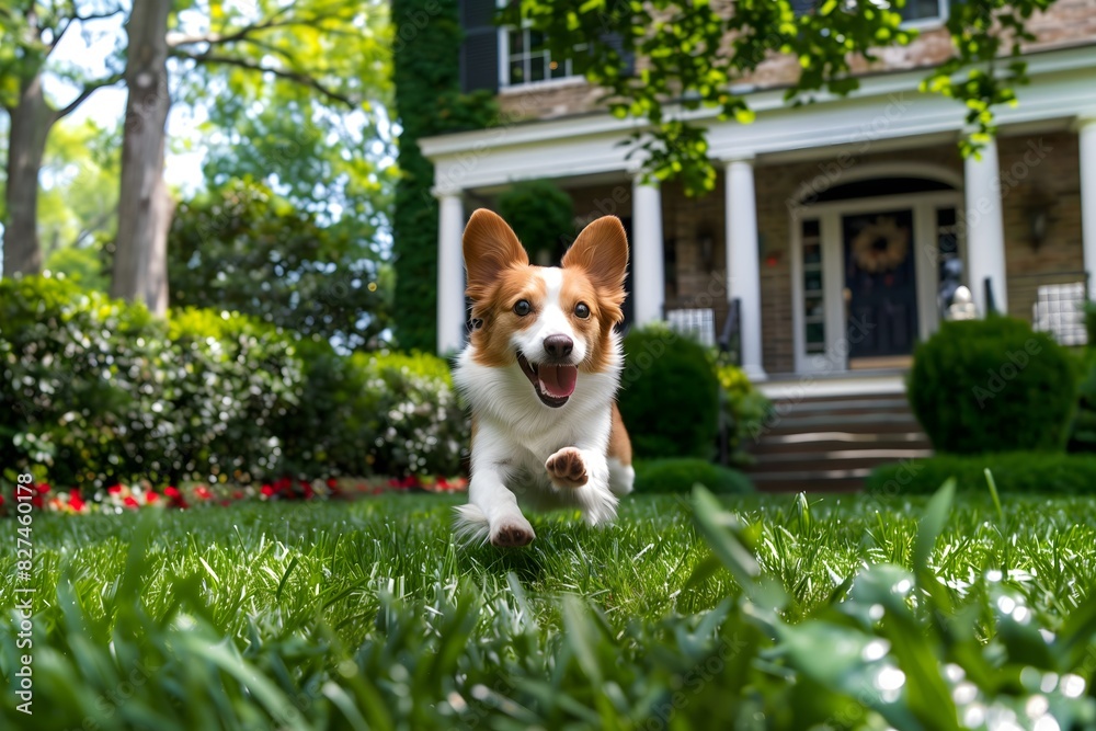 A lively dog is captured dashing towards the camera across a lush green lawn, pet photography, copy space, commercial, social media post