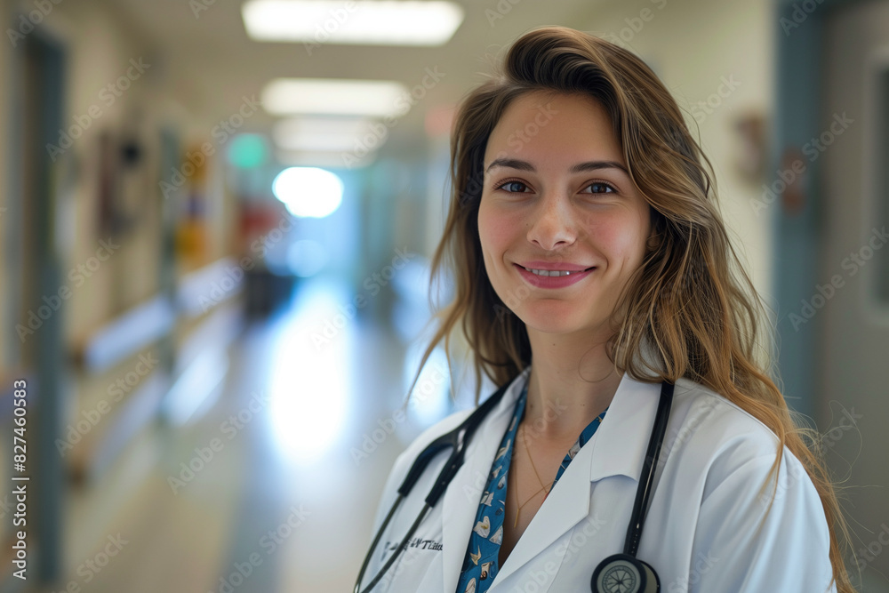 Female doctor standing in hospital corridor Female doctor standing in hospital corridor