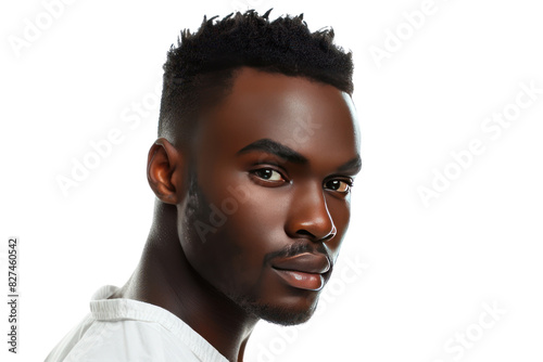 A photorealistic headshot of a confident African American man with a stylish haircut and a sharp jawline. isolated on white background