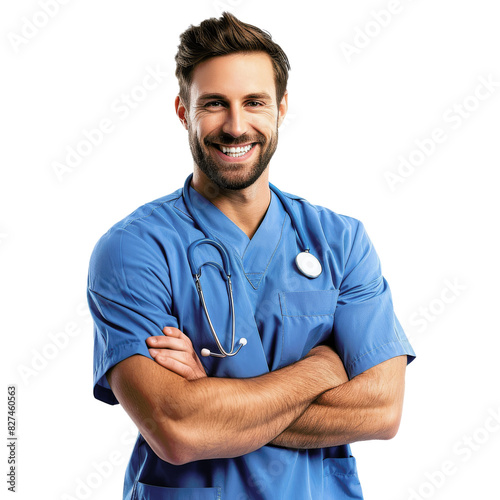 Friendly male nurse in blue scrubs with a stethoscope, confidently smiling with arms crossed, representing healthcare professional and medical care.
