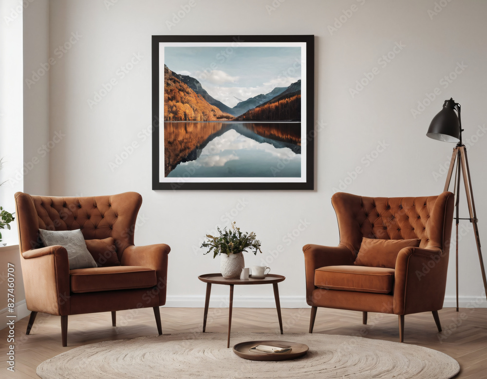 Two armchairs in room with white wall and big frame poster on it. Scandinavian style interior design of modern living room.