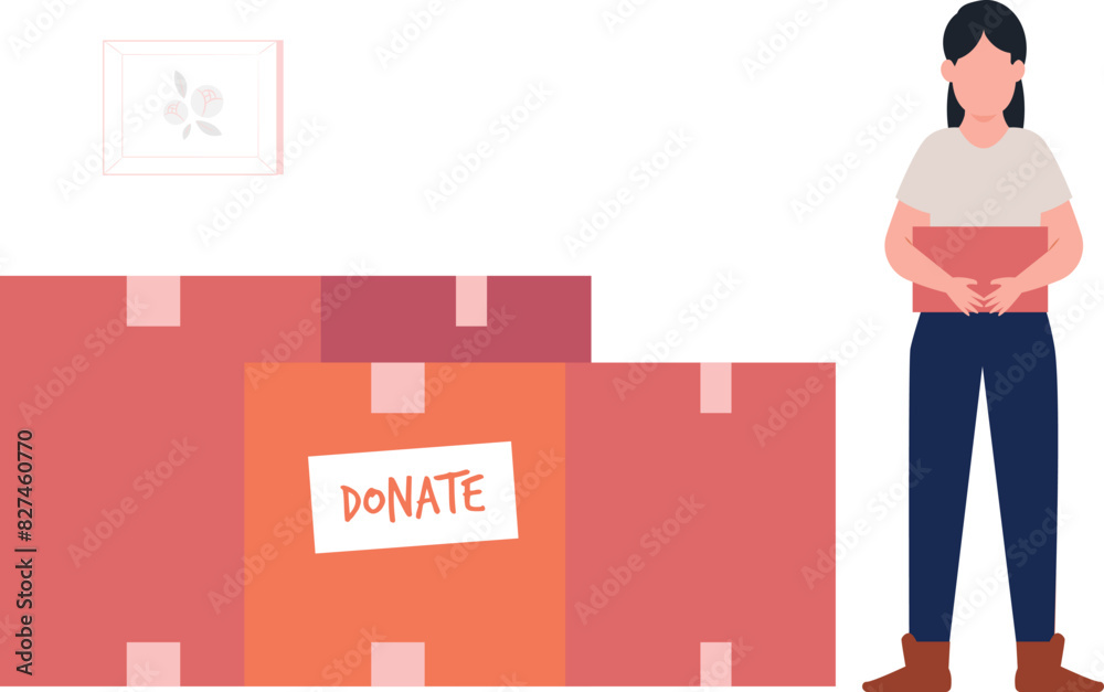 The girl is standing by the donation boxes. The girl is standing by the donation boxes.