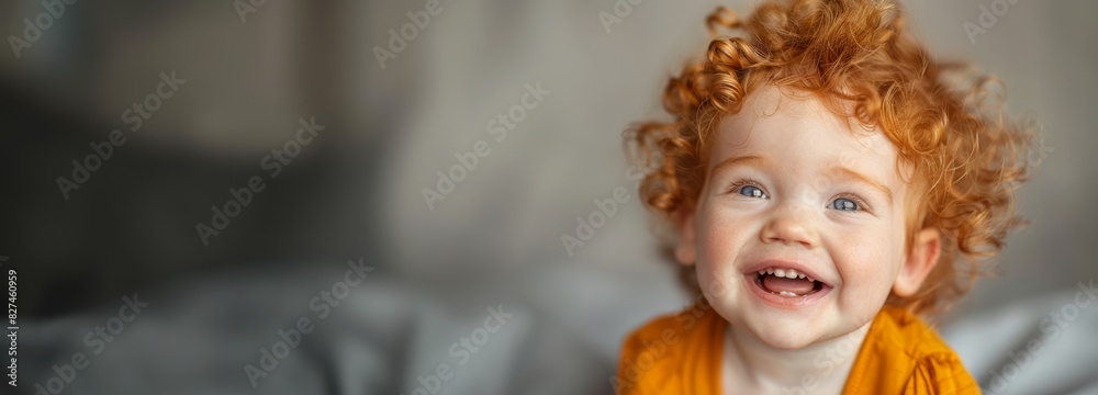 Adorable red-haired toddler with a big smile, expressing joy and happiness in a cozy indoor setting. Happy red-haired toddler with big smile Banner with copy space Adorable red-haired toddler with a big smile, expressing joy and happiness in a cozy indoor setting. Happy red-haired toddler with big smile Banner with copy space