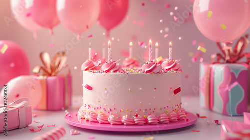 Festive birthday scene featuring a pink cake with lit candles  surrounded by balloons  confetti  and wrapped presents on a pink background. 