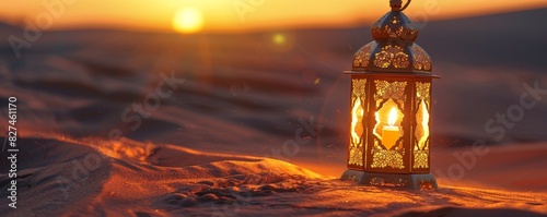 Illuminated Golden Lantern on Desert Dunes at Sunset