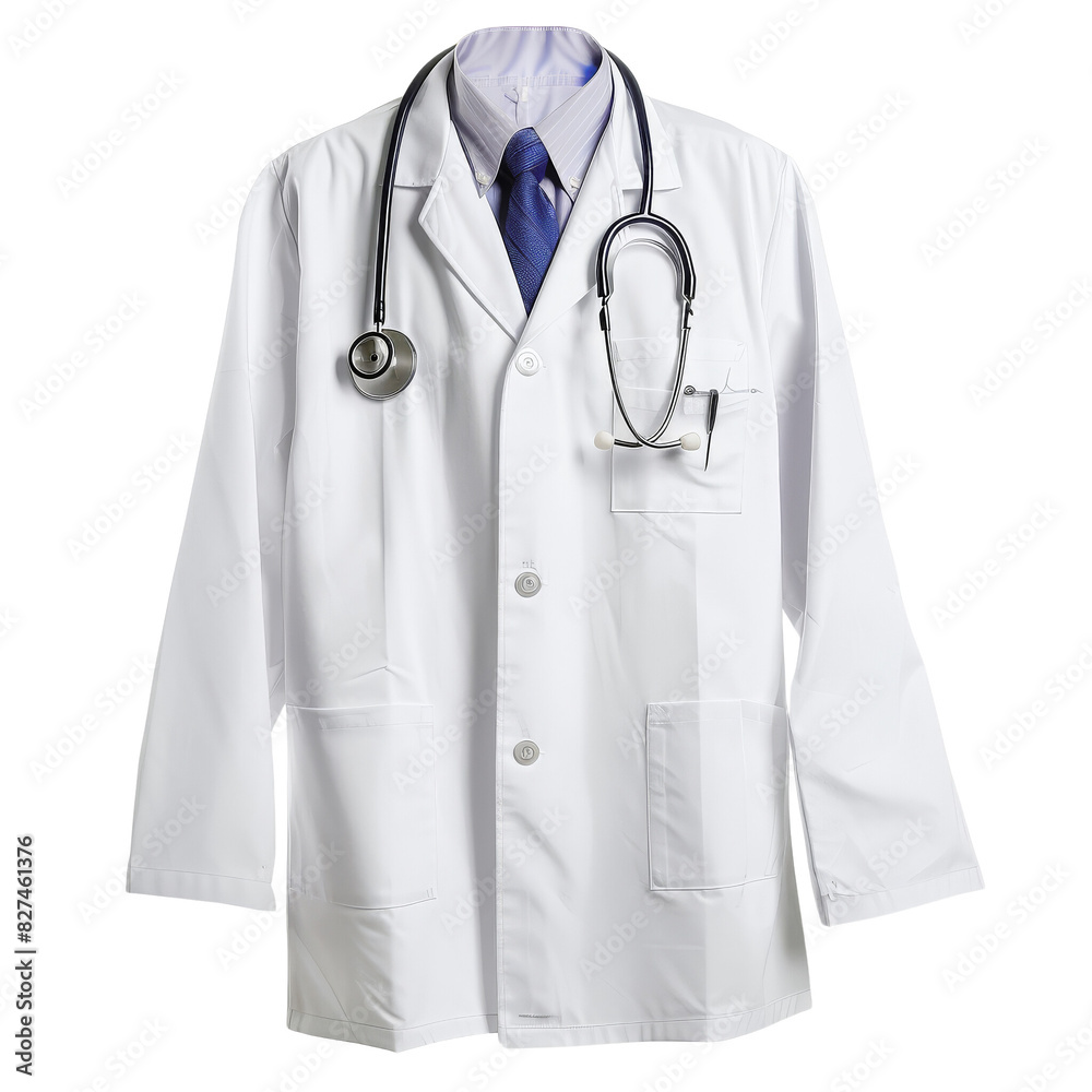 White lab coat with stethoscope and blue tie, representing medical professionalism and healthcare. Ideal for hospital, clinic, or educational use. White lab coat with stethoscope and blue tie, representing medical professionalism and healthcare. Ideal for hospital, clinic, or educational use.