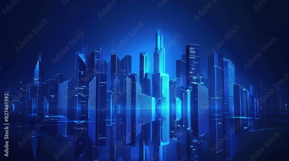 Modern skyscrapers of a smart city, futuristic financial district, graphic perspective of buildings and reflections - Architectural blue background for corporate brochure template
