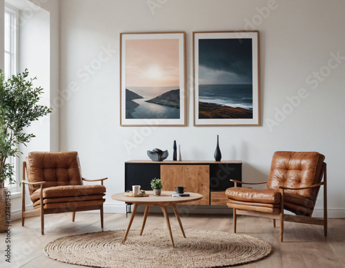 Two armchairs in room with white wall and big frame poster on it. Scandinavian style interior design of modern living room.
