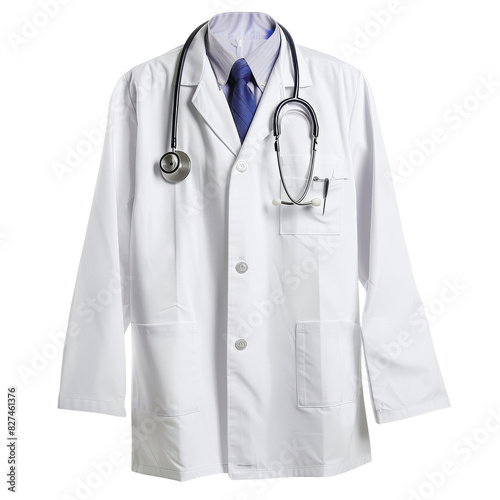 White lab coat with stethoscope and blue tie, representing medical professionalism and healthcare. Ideal for hospital, clinic, or educational use.