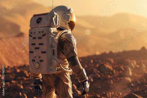 Astronaut in space suit contemplating rocky terrain on the red planet mars during an interplanetary exploration mission