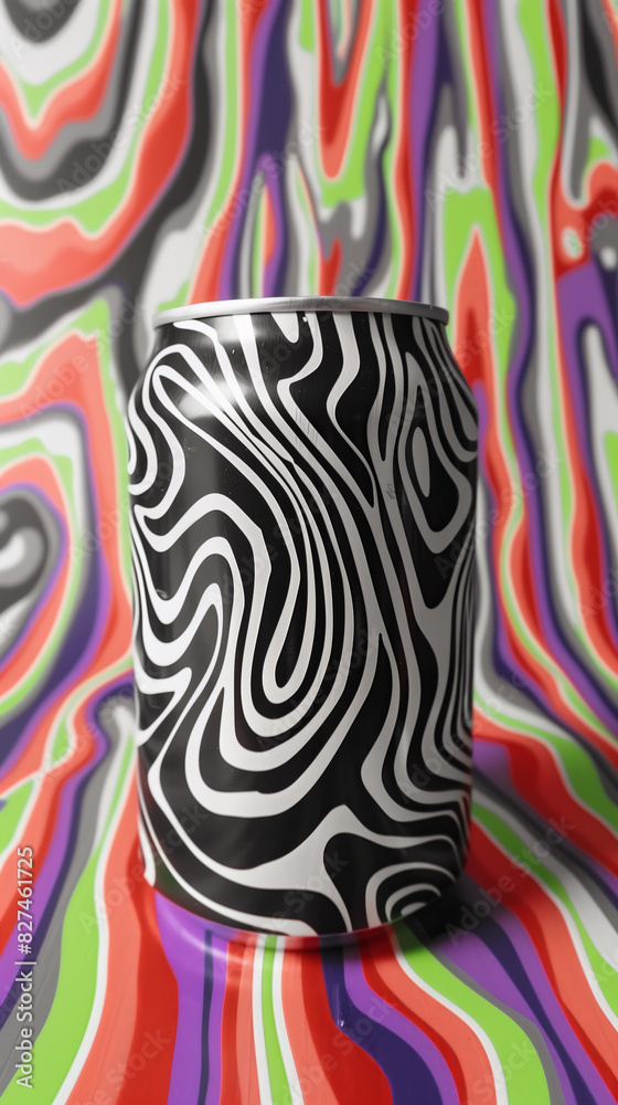 Aluminum can with a black and white psychedelic pattern, set against a vibrant, multicolored wavy background, creating a striking visual effect.
Aluminum can with a black and white psychedelic pattern, set against a vibrant, multicolored wavy background, creating a striking visual effect.