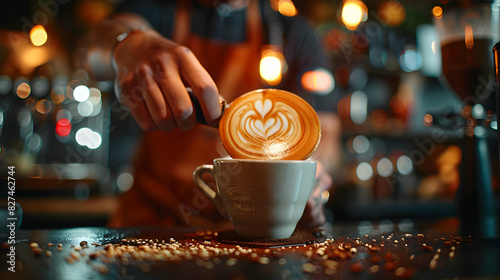 Skillful Barista Crafting Latte Art with Elegance in High Resolution A Captivating Depiction of Coffee Culture and Creativity