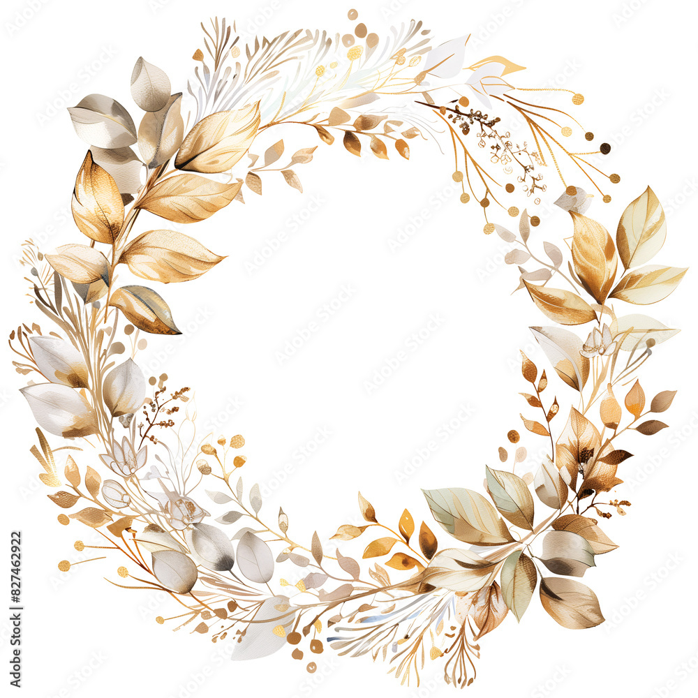 Isolated wreath in watercolor painting style on a transparent background in gold color tone. Isolated wreath in watercolor painting style on a transparent background in gold color tone.
