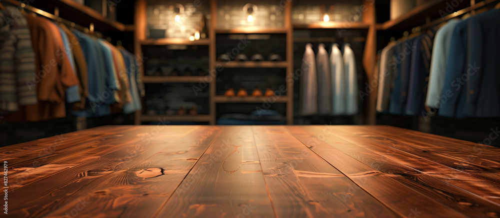 modern wood table with blurred closet with sportswear and formal wear, with clothes hung neatly on hangers modern wood table with blurred closet with sportswear and formal wear, with clothes hung neatly on hangers