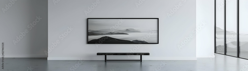 High Res Mockup: Black Landscape Frame on White Wall Perfect for Monochrome Photography or Modern Art Display High Res Mockup: Black Landscape Frame on White Wall Perfect for Monochrome Photography or Modern Art Display