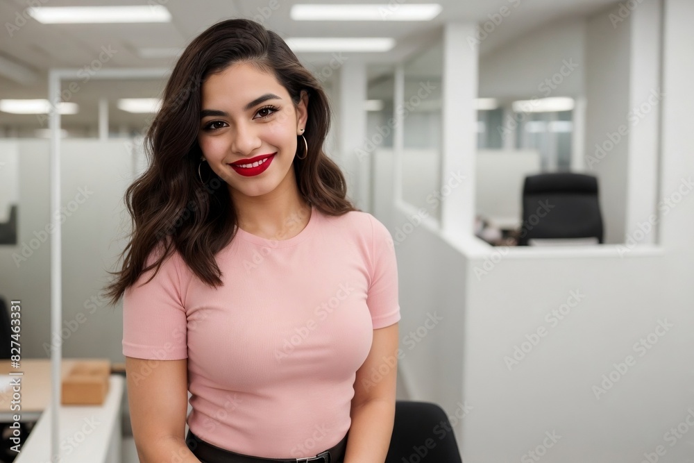 Young Latin transgender woman happily smiling against the office background with copy space. Young Latin transgender woman happily smiling against the office background with copy space.