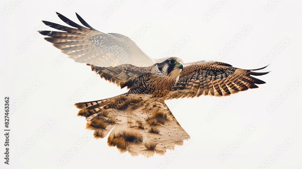 Fototapeta premium A double exposure image of a falcon silhouette filled with a detailed desert landscape The falcon
