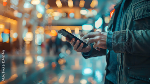 Professional Businessman using Mobile Payment App in High Resolution Image, Showcasing Digital Transaction Convenience with Glossy Backdrop Stock Photo Concept