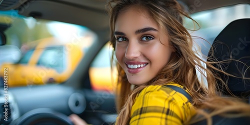 Smiling female taxi driver looking back at the camera inside the car. Concept Driving, Smiling, Taxi Driver, Female, Car Interior photo