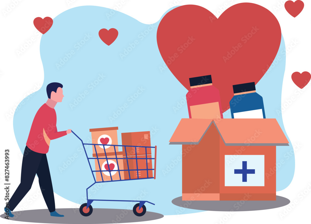 A boy carries a donation trolley. A boy carries a donation trolley.